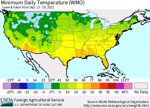 United States Minimum Daily Temperature (WMO) Thematic Map For 9/13/2021 - 9/19/2021