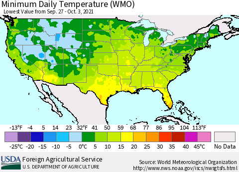 United States Minimum Daily Temperature (WMO) Thematic Map For 9/27/2021 - 10/3/2021
