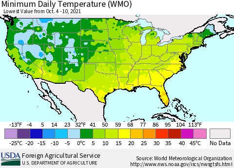 United States Minimum Daily Temperature (WMO) Thematic Map For 10/4/2021 - 10/10/2021