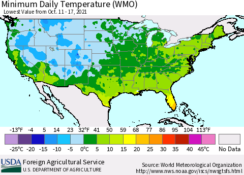 United States Minimum Daily Temperature (WMO) Thematic Map For 10/11/2021 - 10/17/2021