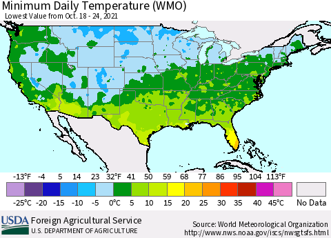 United States Minimum Daily Temperature (WMO) Thematic Map For 10/18/2021 - 10/24/2021