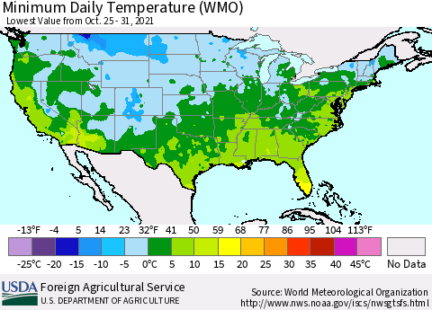 United States Minimum Daily Temperature (WMO) Thematic Map For 10/25/2021 - 10/31/2021