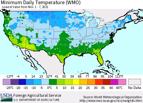 United States Minimum Daily Temperature (WMO) Thematic Map For 11/1/2021 - 11/7/2021