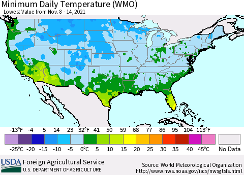 United States Minimum Daily Temperature (WMO) Thematic Map For 11/8/2021 - 11/14/2021