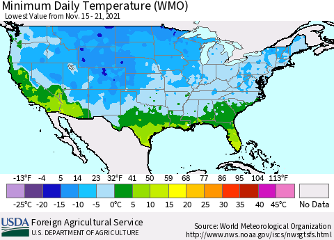 United States Minimum Daily Temperature (WMO) Thematic Map For 11/15/2021 - 11/21/2021