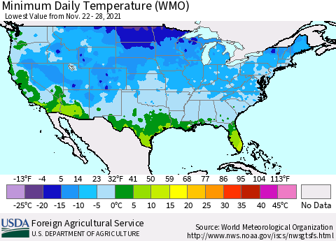 United States Minimum Daily Temperature (WMO) Thematic Map For 11/22/2021 - 11/28/2021