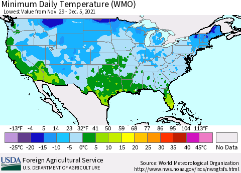 United States Minimum Daily Temperature (WMO) Thematic Map For 11/29/2021 - 12/5/2021