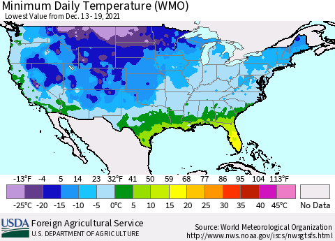 United States Minimum Daily Temperature (WMO) Thematic Map For 12/13/2021 - 12/19/2021