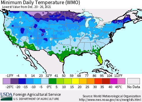 United States Minimum Daily Temperature (WMO) Thematic Map For 12/20/2021 - 12/26/2021