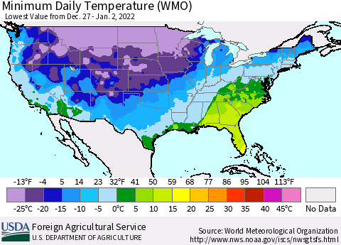 United States Minimum Daily Temperature (WMO) Thematic Map For 12/27/2021 - 1/2/2022
