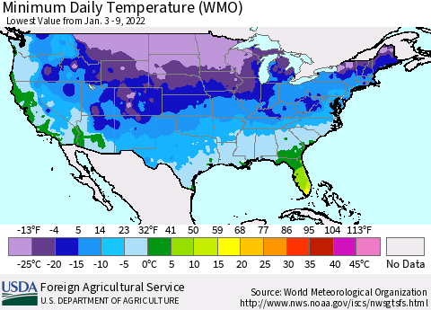 United States Minimum Daily Temperature (WMO) Thematic Map For 1/3/2022 - 1/9/2022