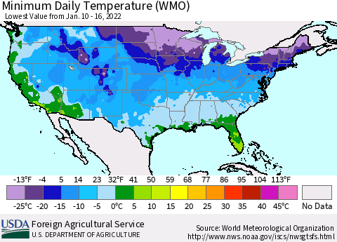 United States Minimum Daily Temperature (WMO) Thematic Map For 1/10/2022 - 1/16/2022