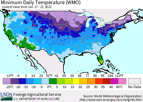 United States Minimum Daily Temperature (WMO) Thematic Map For 1/17/2022 - 1/23/2022