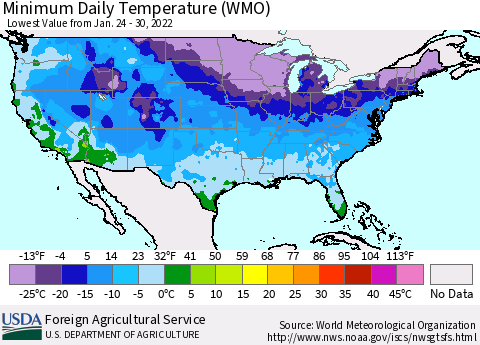 United States Minimum Daily Temperature (WMO) Thematic Map For 1/24/2022 - 1/30/2022