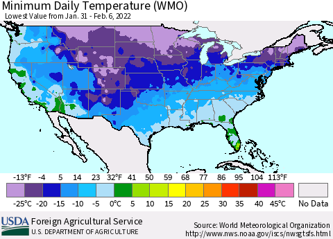 United States Minimum Daily Temperature (WMO) Thematic Map For 1/31/2022 - 2/6/2022