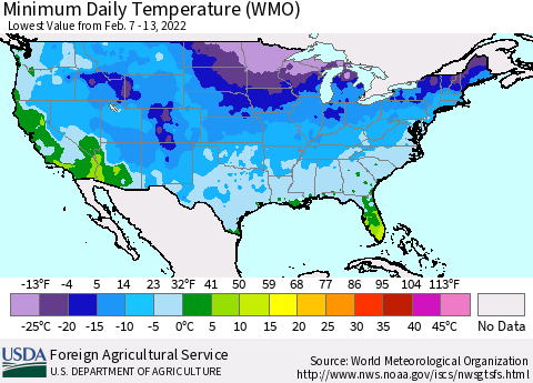 United States Minimum Daily Temperature (WMO) Thematic Map For 2/7/2022 - 2/13/2022