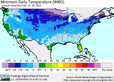 United States Minimum Daily Temperature (WMO) Thematic Map For 2/14/2022 - 2/20/2022