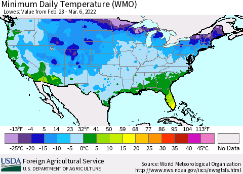 United States Minimum Daily Temperature (WMO) Thematic Map For 2/28/2022 - 3/6/2022