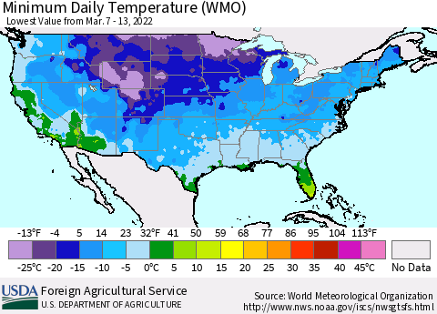 United States Extreme Minimum Temperature (WMO) Thematic Map For 3/7/2022 - 3/13/2022