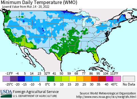 United States Minimum Daily Temperature (WMO) Thematic Map For 3/14/2022 - 3/20/2022