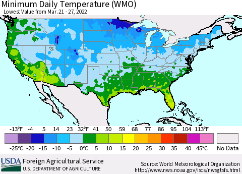 United States Extreme Minimum Temperature (WMO) Thematic Map For 3/21/2022 - 3/27/2022