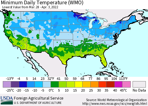 United States Minimum Daily Temperature (WMO) Thematic Map For 3/28/2022 - 4/3/2022