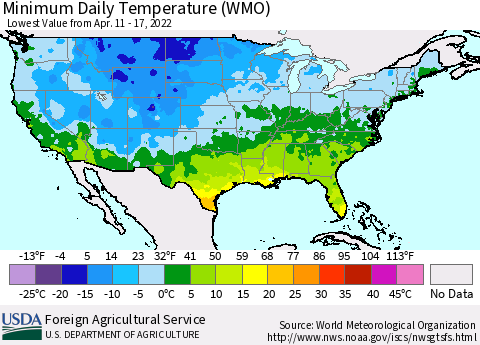 United States Minimum Daily Temperature (WMO) Thematic Map For 4/11/2022 - 4/17/2022