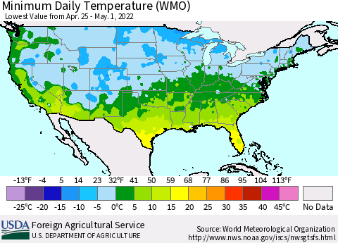 United States Extreme Minimum Temperature (WMO) Thematic Map For 4/25/2022 - 5/1/2022
