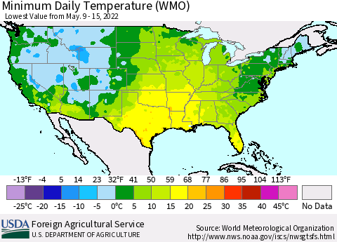 United States Minimum Daily Temperature (WMO) Thematic Map For 5/9/2022 - 5/15/2022