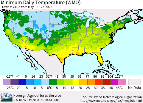 United States Minimum Daily Temperature (WMO) Thematic Map For 5/16/2022 - 5/22/2022