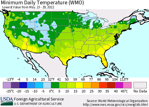 United States Minimum Daily Temperature (WMO) Thematic Map For 5/23/2022 - 5/29/2022