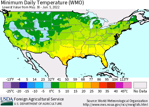 United States Extreme Minimum Temperature (WMO) Thematic Map For 5/30/2022 - 6/5/2022