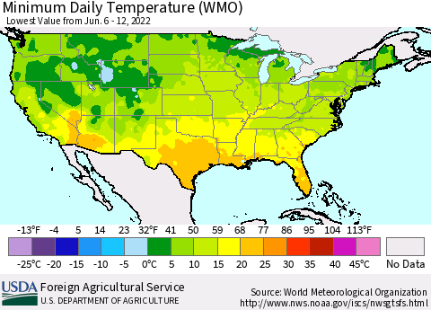 United States Extreme Minimum Temperature (WMO) Thematic Map For 6/6/2022 - 6/12/2022