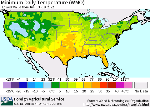 United States Minimum Daily Temperature (WMO) Thematic Map For 6/13/2022 - 6/19/2022