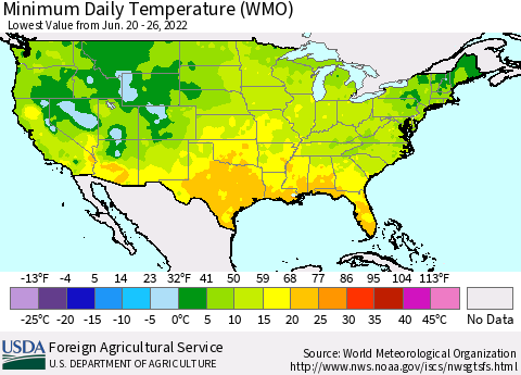 United States Extreme Minimum Temperature (WMO) Thematic Map For 6/20/2022 - 6/26/2022