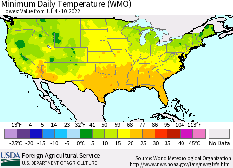 United States Extreme Minimum Temperature (WMO) Thematic Map For 7/4/2022 - 7/10/2022