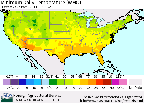 United States Extreme Minimum Temperature (WMO) Thematic Map For 7/11/2022 - 7/17/2022