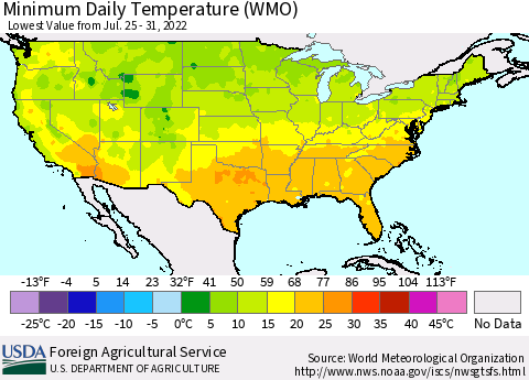 United States Extreme Minimum Temperature (WMO) Thematic Map For 7/25/2022 - 7/31/2022