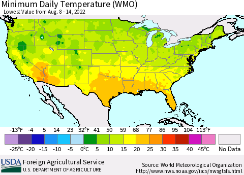 United States Minimum Daily Temperature (WMO) Thematic Map For 8/8/2022 - 8/14/2022