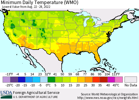 United States Minimum Daily Temperature (WMO) Thematic Map For 8/22/2022 - 8/28/2022