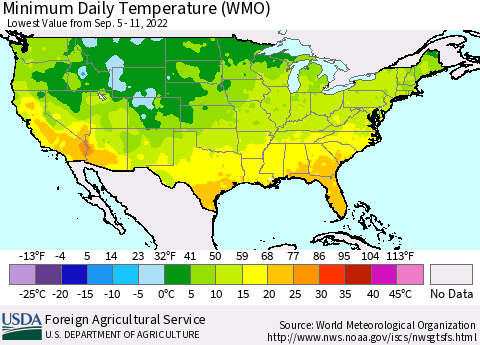 United States Minimum Daily Temperature (WMO) Thematic Map For 9/5/2022 - 9/11/2022