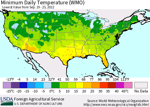 United States Minimum Daily Temperature (WMO) Thematic Map For 9/19/2022 - 9/25/2022