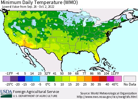 United States Minimum Daily Temperature (WMO) Thematic Map For 9/26/2022 - 10/2/2022