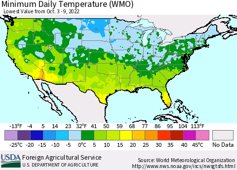 United States Minimum Daily Temperature (WMO) Thematic Map For 10/3/2022 - 10/9/2022