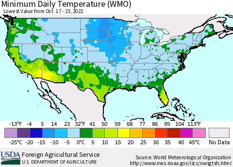 United States Minimum Daily Temperature (WMO) Thematic Map For 10/17/2022 - 10/23/2022