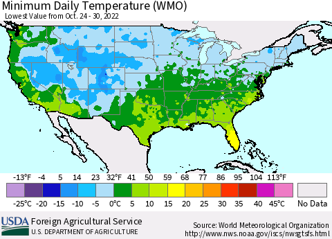United States Minimum Daily Temperature (WMO) Thematic Map For 10/24/2022 - 10/30/2022