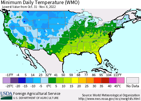 United States Minimum Daily Temperature (WMO) Thematic Map For 10/31/2022 - 11/6/2022