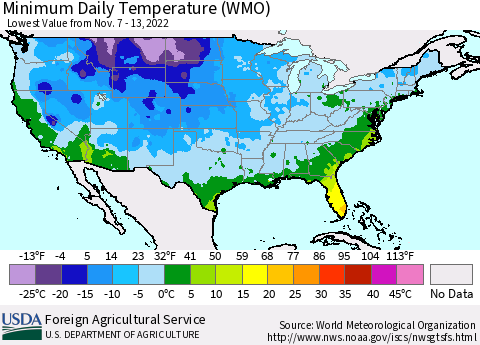 United States Minimum Daily Temperature (WMO) Thematic Map For 11/7/2022 - 11/13/2022