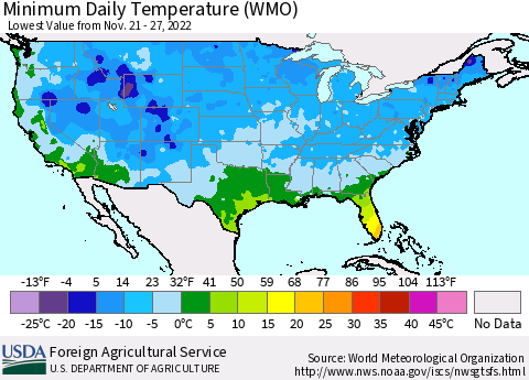 United States Minimum Daily Temperature (WMO) Thematic Map For 11/21/2022 - 11/27/2022