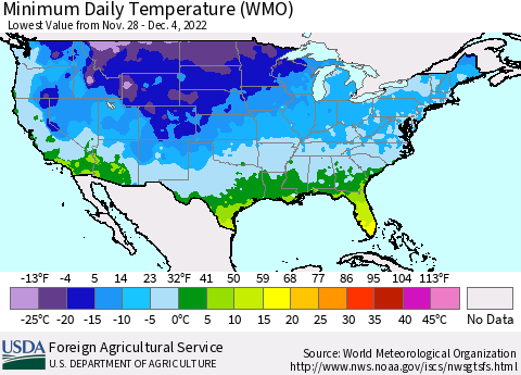 United States Minimum Daily Temperature (WMO) Thematic Map For 11/28/2022 - 12/4/2022